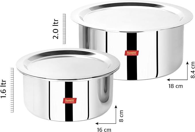 Sumeet Cook Smart Triply Sas (Steel-Aluminium-Steel - 3 Layers) Tope Set Of 2Pcs With Lid - No. 16 (1.6Ltr 16Cm) No.18 (2 Liter 18Cm) Stainless Steel