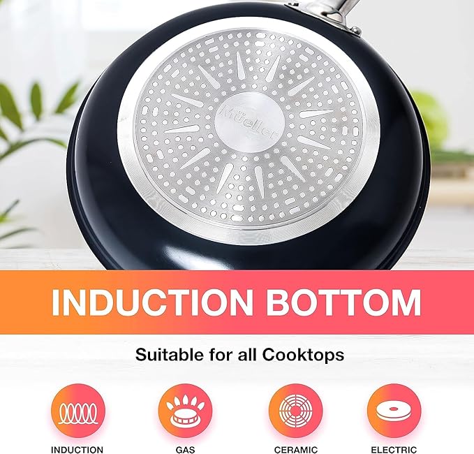 Mueller UltraClad Sapphire Pots and Pans Set Nonstick 14 Piece Induction Cookware Sets Aluminum Body Includes Non Stick Deep Frying Pan Sauce Pans for Cooking Dutch Oven and More