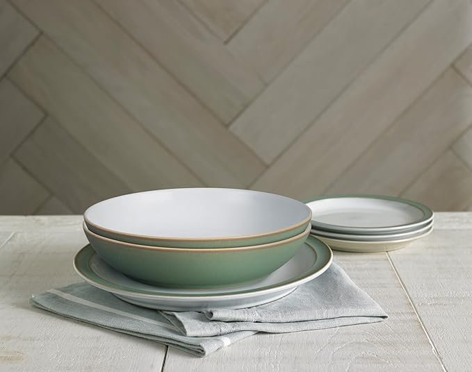 Denby - Regency Green Pasta Bowls Set of 4 - Dishwasher Microwave Safe Crockery 1050ml 22cm - Green White Ceramic Stoneware Tableware - Chip &amp Crack Resistant