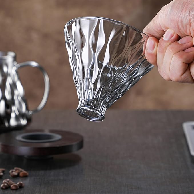 Pour Over Coffee Maker Set 500ML Glass Carafe Coffee Server with Dripper Set V60 Glass Coffee Filter with Wood Base for Home Office Gift 1-4 Cups