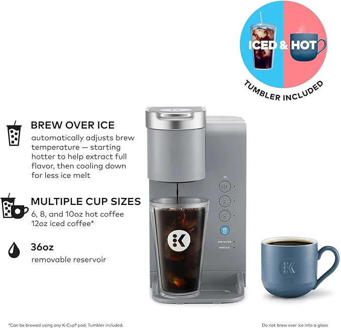 K-Iced Essentials Coffee Maker Single-Serve KCup Pod Brewer with Removable Reservoir and Auto-Off Energy Efficient Includes K Iced Tumbler Compact Arctic Gray
