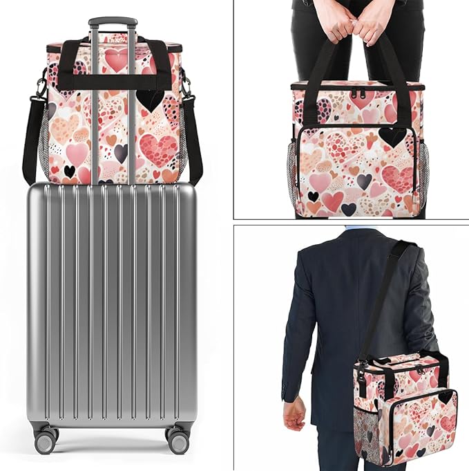 Pink Black Heart Coffee Maker Carrying Bag Portable Travel Storage Tote Bag Compatible with K-Mini or K-Mini Plus Single Serve Coffee Brewer Carrying Case with Multiple Pockets &amp Shoulder Strap