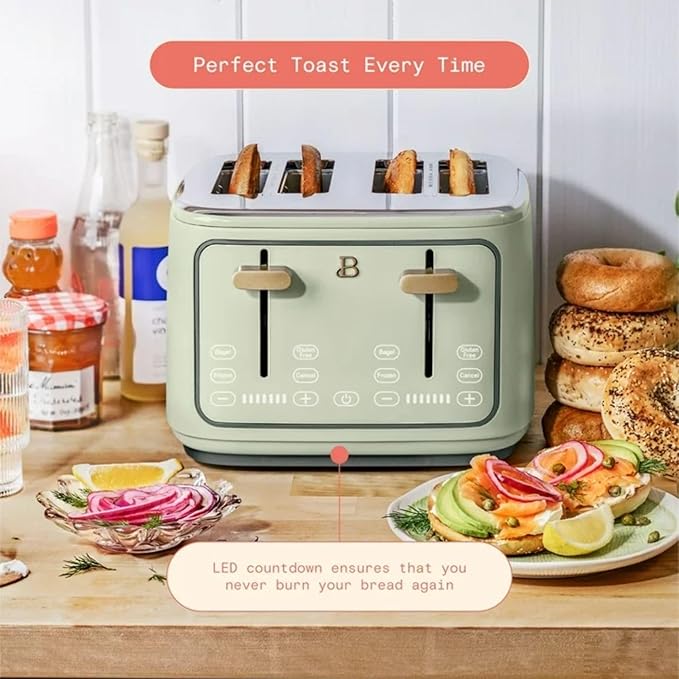 Four-slot Digital Touch Display Toaster with LED Countdown Extra Wide Self-Adjusting Slots Powerful Even Toasting (Sage Green)