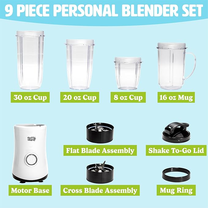 Tasty Personal Blender With Cups 350W Powerful Blending Motor 9-Piece Set With 4 Cups &amp Travel Lid Compact &amp Portable White