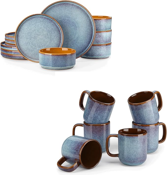 vancasso ONION Ceramic Plates and Bowls Sets 12 Pieces Blue Dinnerware Sets and 16 oz Large Ceramic Coffee Cups Set of 6 Stoneware Mugs with Handle for Latte Tea Cappuccino