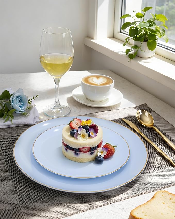 bUCLA 150PCS Blue Plastic Plates - Light Blue and Gold Disposable Include 25 Each (Dinner &amp Dessert) Plates 25 Knives 25 Forks 25 Spoons and 25 Cups Ideal for Party Easter Birthday &amp Wed