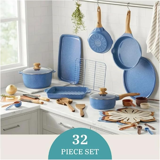 32-Piece Ceramic Nonstick Cookware Set with Utensils &amp Bakeware – Fry Pans Dutch Oven Grill Pan Knives Measuring Cups &amp Spoons Pizza Pan Baking Sheet (Blue)