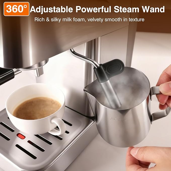 Sorgente Espresso Machine 20 Bar Stainless Steel Coffee Maker with Milk Frother 1350W with Fast-Heating System Innovative Coffee Grounds Filter Espresso Machines for Home Barista