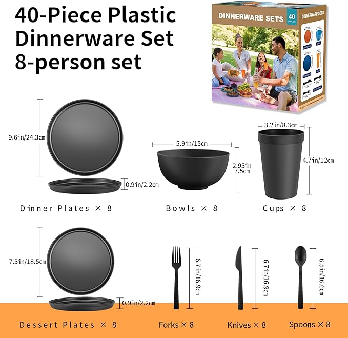 40 Piece RV &amp Camping Dinnerware Set Elegant Ceramic-Look Large Bowls &amp Plates Unbreakable &amp 100% Microwave Safe Melamine Alternative Service for 8 Gray