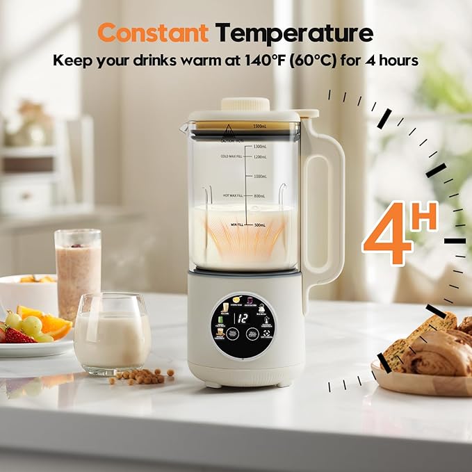 8-in-1 Nut Milk Maker Machine 50oz Glass Soy Almond Oat Milk Maker with 20 Blades Delay Timer Constant Temperature Self-Cleaning Overheat Protection Recipe Included