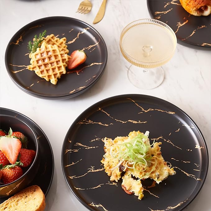 Black Gold Splash Dinnerware Sets Marble Porcelain Plates and Bowls Sets Modern Luxury Dish Set for 4 12 Pieces Fine China Plates Set for Formal Dinners and Anniversaries