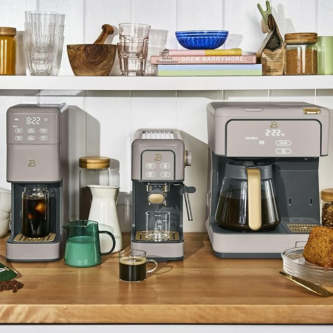 Multi-Brew Coffee Maker – 12-Cup Carafe &amp Single-Serve Pod or Grounds Iced Coffee Mode Programmable Touch Display Includes Filters (PORCINI TAUPE)