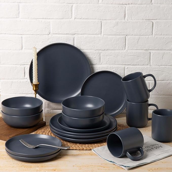 Plates and Bowls Sets 12 Pieces Modern Stoneware Dinnerware Sets Stackable Matte Glaze Kitchen Stoneware Plates and Bowls Set for 4 People Microwave and Dishwasher Safe(Blue)