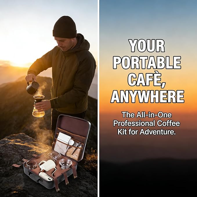 Single Serve Manual Pour Over Coffee Maker Kit - Portable V60 Drip Cone Gooseneck Kettle Glass Carafe &amp Grinder for Travel Camping Home &amp Specialty Brewing (Black)
