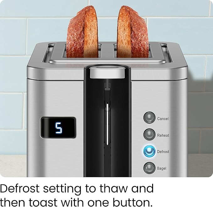 Chefman 2-Slice Digital Toaster Pop-Up Stainless Steel Extra-Wide Slots For Bagels Defrost Reheat Cancel Functions Removable Crumb Tray