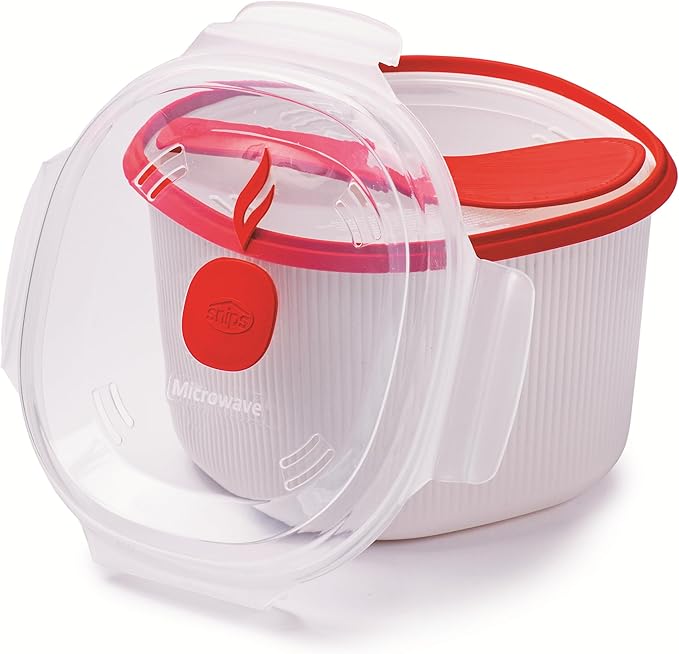 Snips - Microwave Rice Cooker - For Rice Grains and Vegetables - Microwave rice steamer 2.70 litres - 20.5 x 20.5 x 14.5 cm - Rice Cooker Microwave White and red - 100% Made in Italy