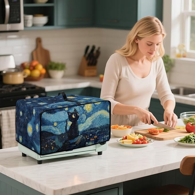 Starry Cat Print Toaster Oven Dust Cover Heavy Duty Bread Maker Machine Covers Machine Washable Small Kitchen Appliance Dust Covers with Accessory Pockets L