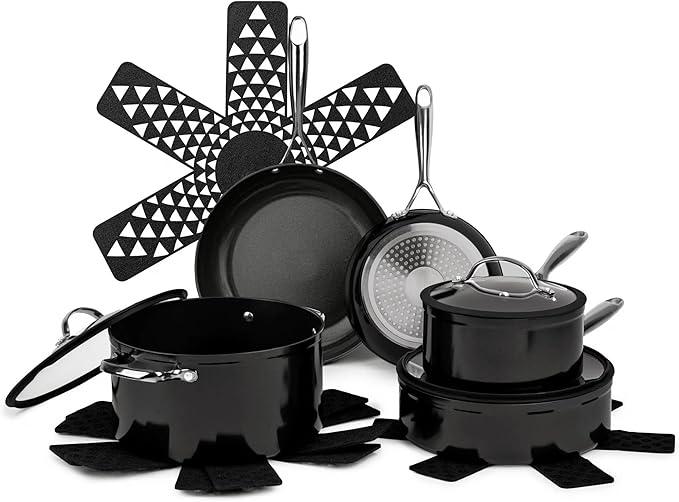 12-Piece Non-Stick Aluminum Cookware Set with Induction Base Oven Safe Black Finish (Black &amp Gunmetal)