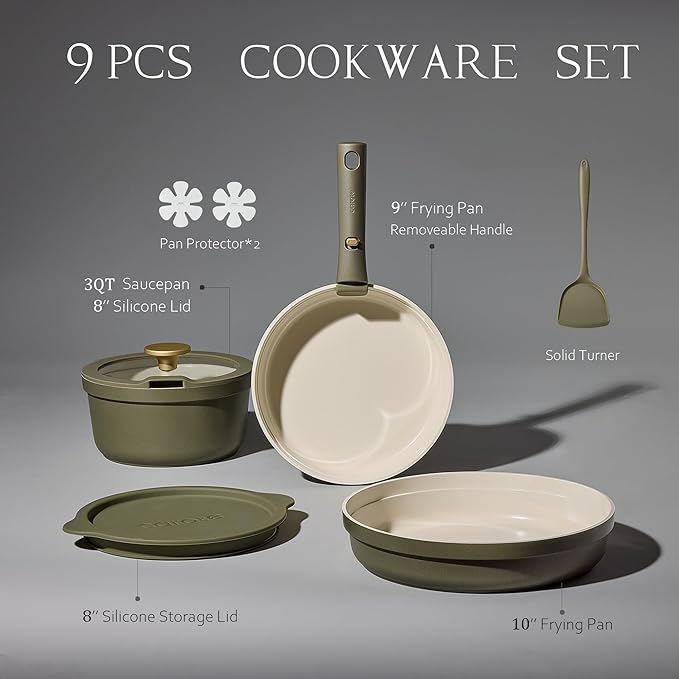 Carote 9pcs Ceramic Cookware Set with Detachable Handles Pots and Pans Set Non Stick RV Kitchen Cooking Pot and Pan Dishwasher Safe Non-toxic Induction Cookware PFAS and PFOA Free Olive Green