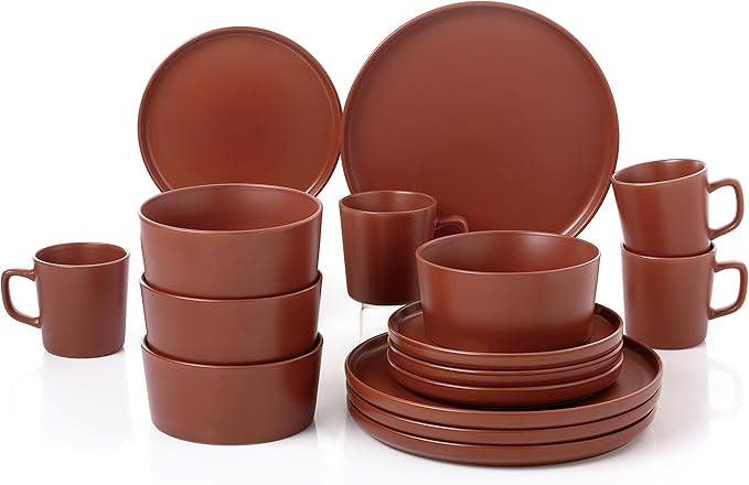 Lorren Home Trends Red Stoneware Dinnerware Set 16 Piece Service for 4 Microwave and Dishwasher Safe