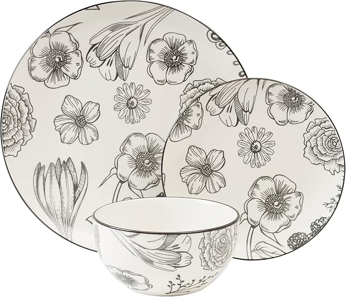Dinnerware Set 12pcs Porcelain Bouquet 12 X 15 White Floral Modern Contemporary Round 12 Piece Microwave Safe