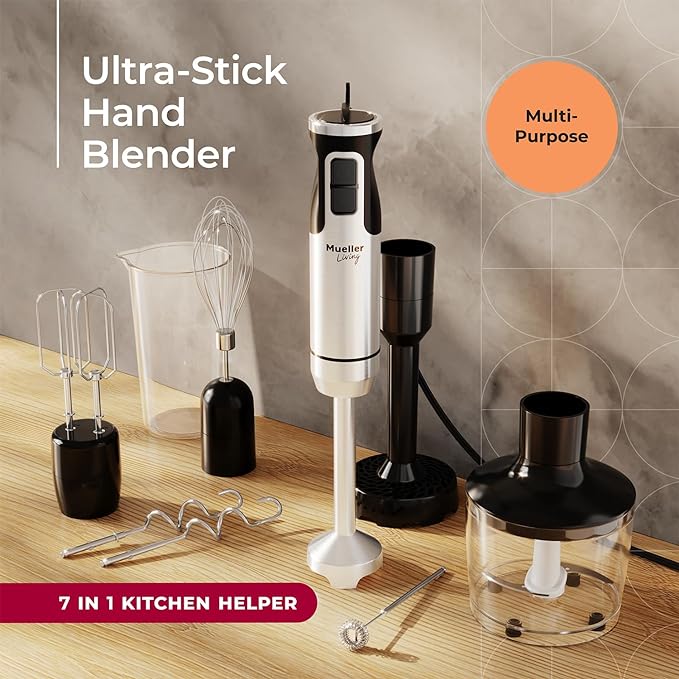 MuellerLiving Immersion Hand Blender Full Set - 8 Speed Immersion Blender Hand Mixer with 7 Attachments: Stainless Steel Blade Whisk Milk Frother Beater Mixing Hooks Potato Masher Chopper Bowl