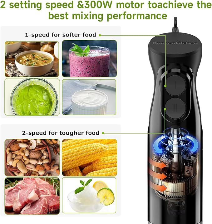 Bonsenkitchen Hand Blender Immersion Blender with 2 Mixing Speeds Portable Electric Stick Mixer Stainless Steel Blades Perfect for Soup Smoothie Puree Baby Food Easy Clean Compact Design