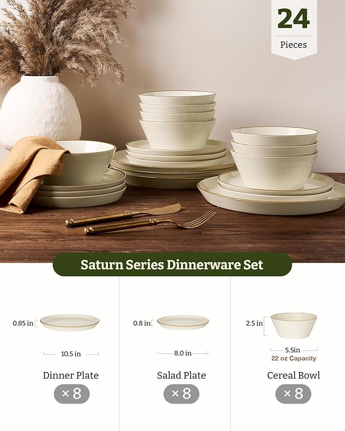Famiware Saturn Plates and Bowls Dish Sets for 6 (18 Pieces) Stoneware Dinnerware Set with Hand-Painted Trim - Chip &amp Scratch Resistant Microwave &amp Dishwasher Safe Ceramic Dishes Vanilla Wh