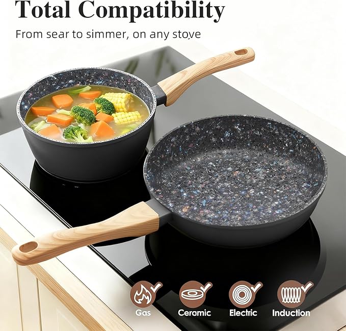 2-Piece Nonstick Cookware Set 8.5 Inch Frying Pan &amp 1.43QT Saucepan with Lid | PFAS &amp PFOA Free Non-Toxic Coating | Induction Compatible Dishwasher Safe | Pots and Pans Set for Beginner Kitc