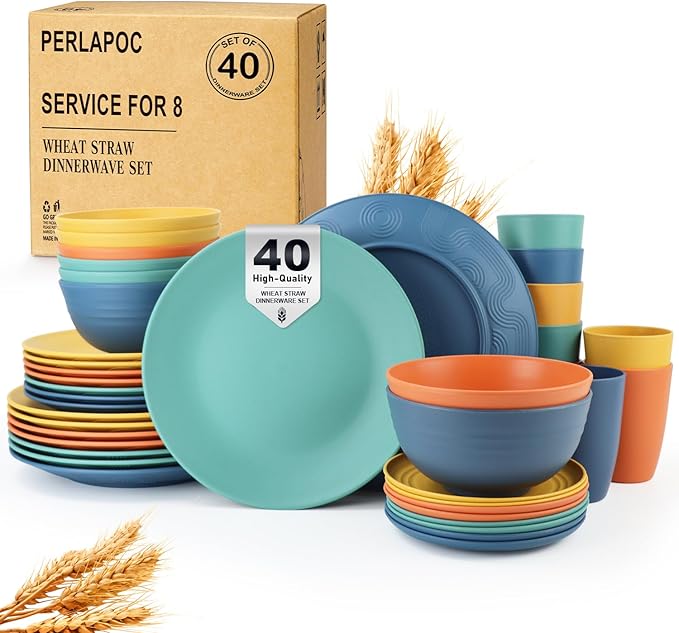 Wheat Straw Dinnerware Set 40 PCS - Service for 8 | Plates and Bowls Sets | Unbreakable Dishes Set - Dinner Plates Dessert Plate Cereal Bowls Drinking Glasses Dishwasher Safe - Multi
