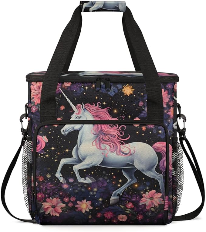 Lively Unicorn Coffee Maker Carrying Bag Flower Unicorn Travel Storage Bag Compatible with K-Mini or K-Mini Plus Single Serve Coffee Brewer Carrying Case with Multiple Pockets &amp Shoulder Strap