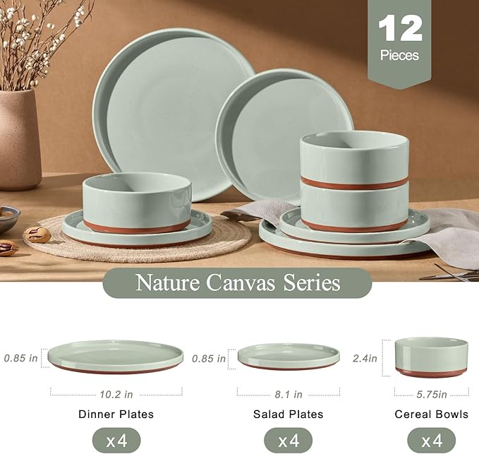 LIANYU 12 Piece Dinnerware Sets for 4 Modern Style Stoneware Dinnerware Set Scratch Resistant Dishwasher Safe Bowl and Plate Sets Ceramic Dish Dinner Set Laurel Green