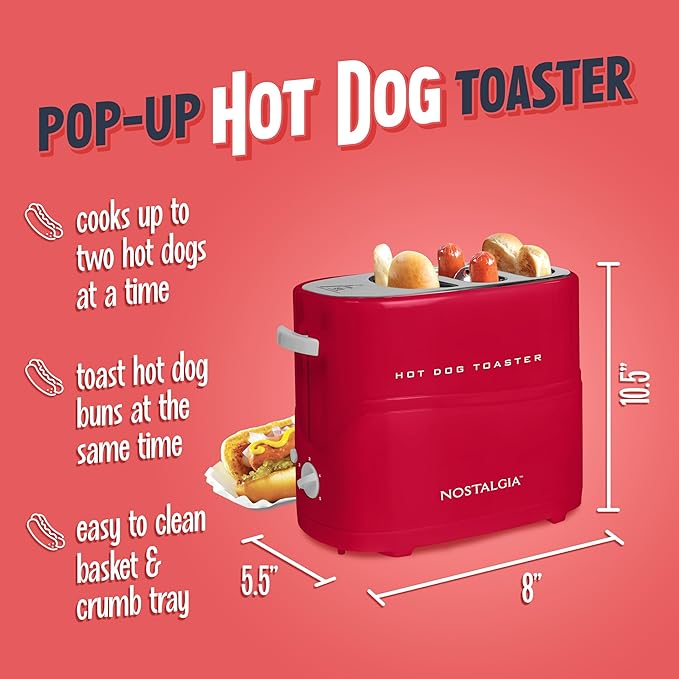 Nostalgia Retro Pop-Up Hot Dog Toaster 2 Link and 2 Bun Capacity With Mini Tongs Works With Chicken Turkey Veggie Sausages and Brats