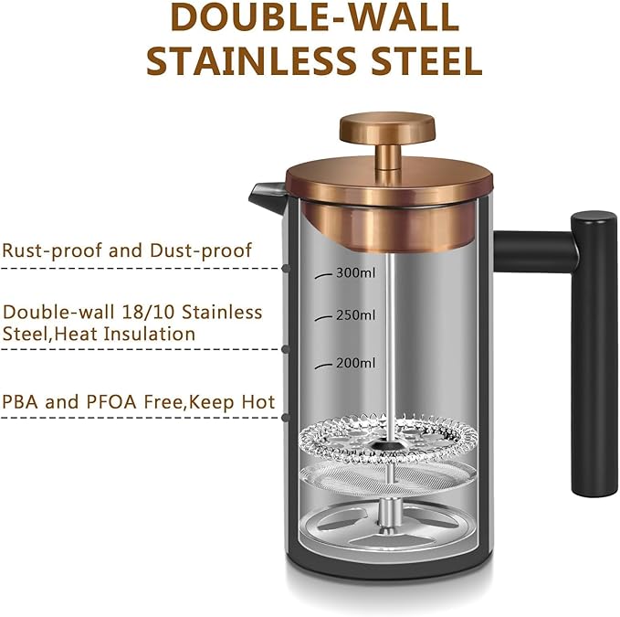 Black Mini French Press Coffee Maker 12oz Single Cup French Press with Rose Gold Lid 3 Extra Filters &amp 1 Gold Spoon(350ml Compact Travel Size) Dishwasher Safe