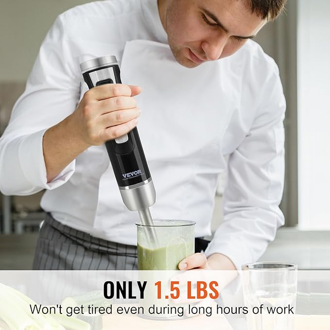 VEVOR Hand Blender 8 Variable Speeds Immersion Blender Stainless Steel Handheld Blender Powerful Motor Hand Mixer USB Charging Cable Multi-purpose Easy Control Grip Stick Mixer