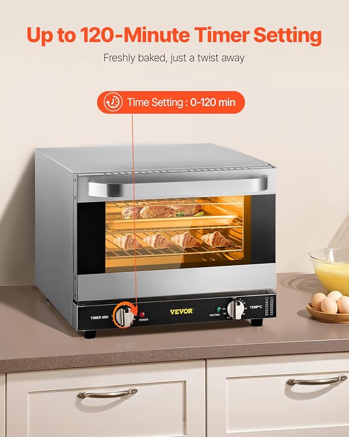 VEVOR Commercial Convection Oven 21L/19Qt Quarter-Size Conventional Oven Countertop 1440W 3-Tier Toaster w/Front Glass Door Electric Baking Oven w/Trays Wire Racks Clip Gloves 120V