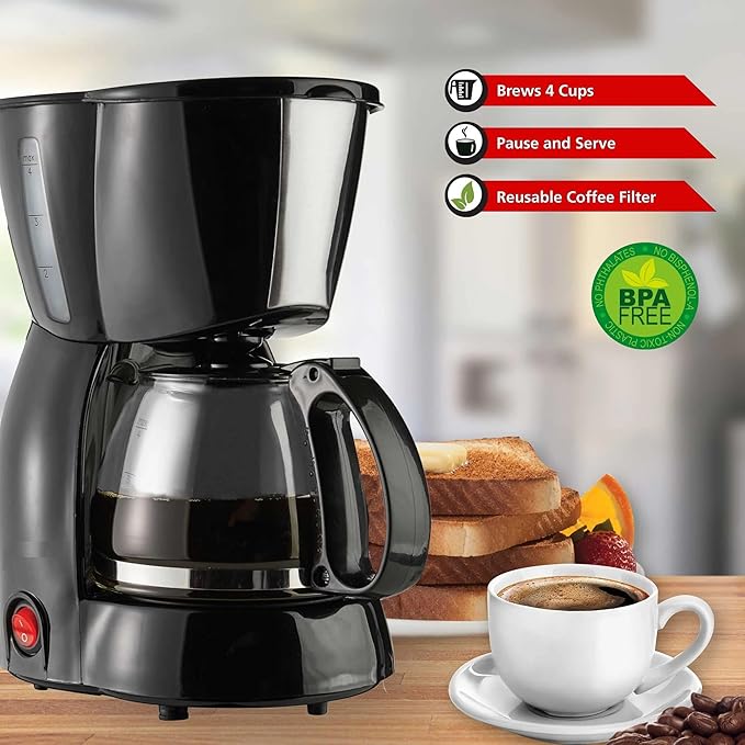 4 Cup Coffee Maker with Glass Carafe – Compact Drip Brewer with Reusable Filter Warming Plate BPA-Free Design Black White and Blue (Black)