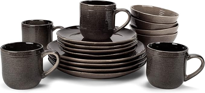 Elanze Designs Reactive Glaze Farmhouse Rustic Boho Ceramic Stoneware Dinnerware 16 Piece Plate Bowl Mug Dish Set - Service for 4 Mocha Grey Ombre