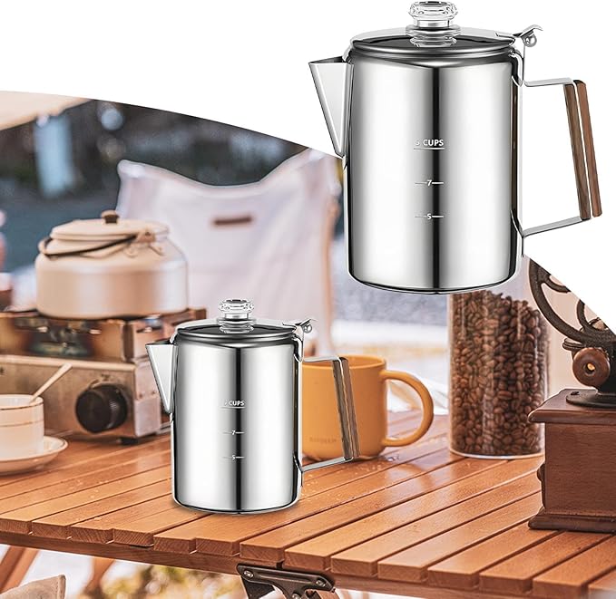 Camping Coffee Pot – Heat-Resistant Stainless Steel Build Quick Brew Portable Percolator Easy-Clean Handle Coffee Maker | Perfect for Outdoor Adventures Picnics Travel Home Kitchen and Group