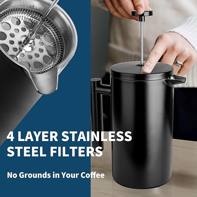 MERMOO YILAN French Press 34oz Insulated Stainless Steel Coffee Maker Unbreakable Coffee Press Easy to Clean for Home Camping Travel (Black)