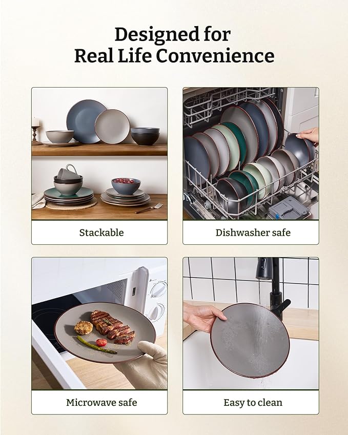 Famiware Venus Speckled Dinnerware Set with Pasta Bowls for 4 (16 Pieces) Stoneware Plates and Double Bowls Matte Dark Gray - Microwave &amp Dishwasher Safe Dishes with Trim for Everyday &amp Form