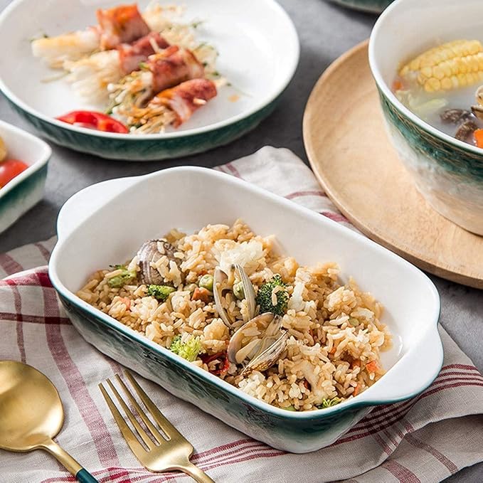 Dinnerware Set Dinner Party Tableware Service Set 51pcs of Nordic Bone China Dinner Bowl Set Porcelain Bowl and Plate White Green Stone Texture High-end Ceramic Bowl and