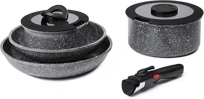 ROSSETTO 7pcs Pots and Pans Set Non Stick from France Ceramic Cookware Set with Removable Handle Induction RV Kitchen Cookware Set Stackable PFOA and PFAS Free Oven Safe Black Granite