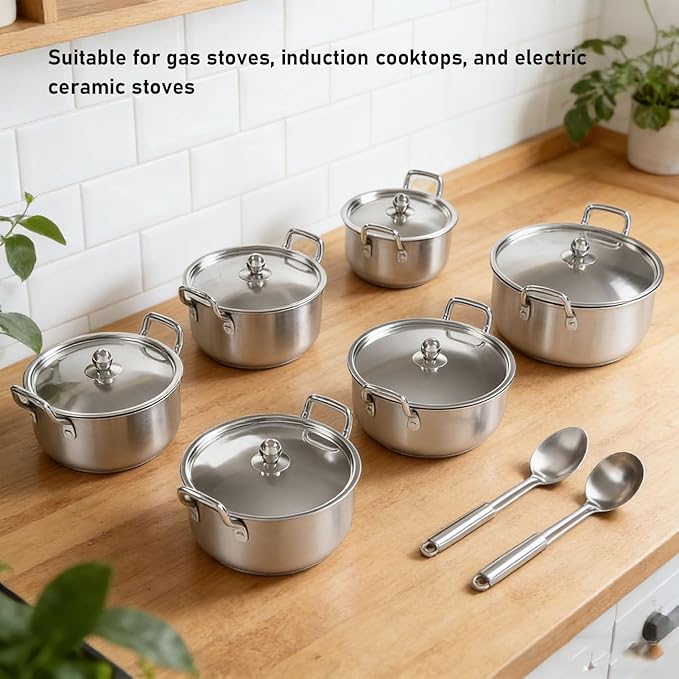 ANGGREK Stainless Steel Cookware Set Dishwasher Safe Kitchen Pots with Ergonomic Handles 6 Practical Sizes for Family Cooking