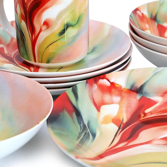 16‑Piece Porcelain Dinnerware Set with Floral Design – Round Plates Bowls and Mugs Microwave &amp Dishwasher Safe Tableware for 4 (Assorted)