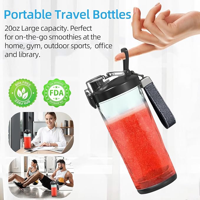 DENOKIN Portable Blender 20oz Vessel Cordless Personal Size Blend with 6 Blade and a Travel Lid (Elegant Black)