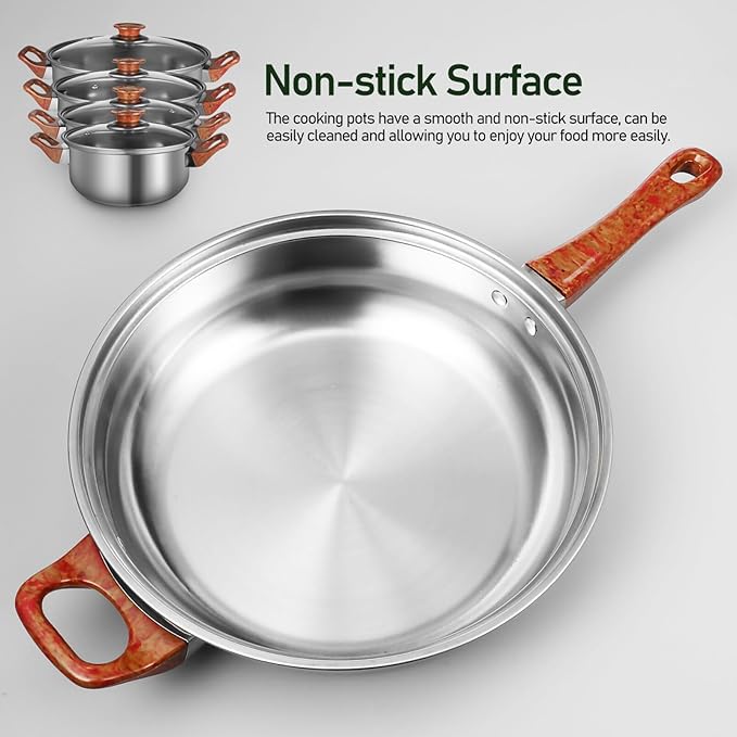 ABOOFAN 6pcs Nonstick Stainless Steel Cookware Set Grain Handles Versatile Pots and Pans for Induction Electric and Gas Stovetops Easy to Clean Cooking Pots Set