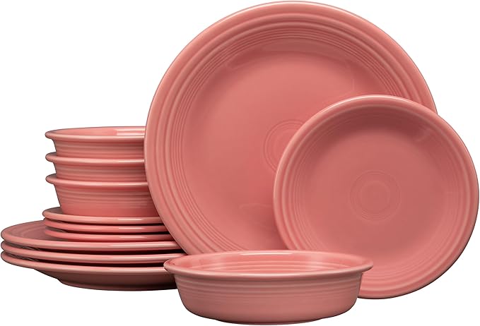 Fiesta® Classic Rim 12-Piece Dinnerware Set – Durable Ceramic Lead-Safe Dishwasher/Microwave/Oven Safe – Made in USA Dinnerware - Peony