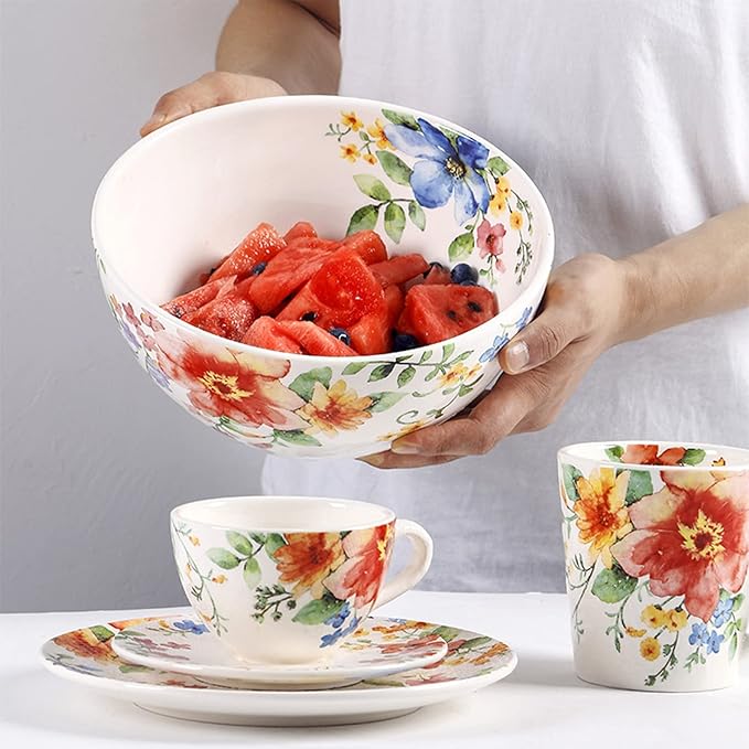 Palace Style 24 Piece Porcelain Dinnerware Set Service for 4 Plates and Bowls Sets Ceramics Dishes Dinnerware Sets with Dinner Plates Dessert Plates Bowls