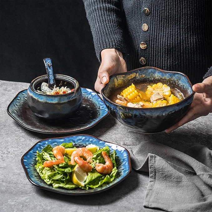 Table Service Crockery SetStoneware Dinnerware Sets - 18 Pcs Dish Set Tableware Combination Set Service for 4 Serveware Set Ceramic Dinner Plates Salad Plat